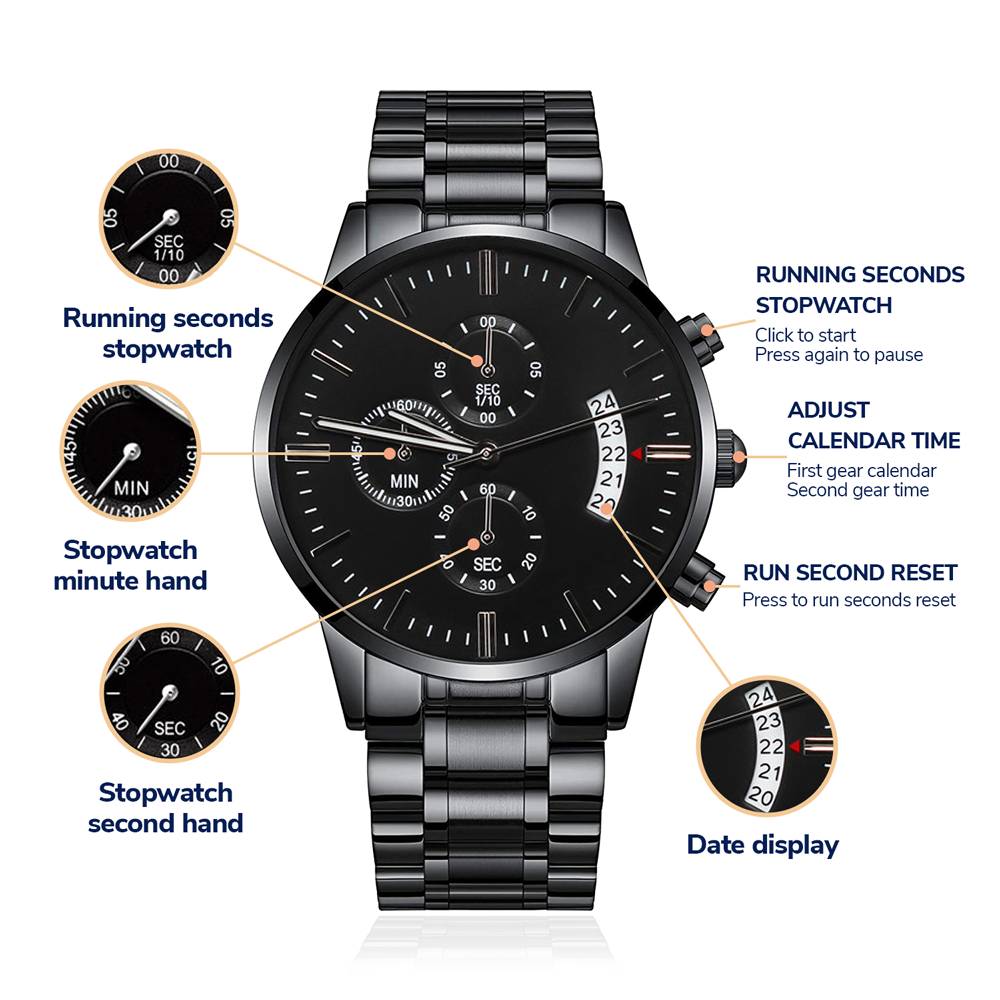 Gift for Son, Black Engraved Stainless-Steel Watch, v2