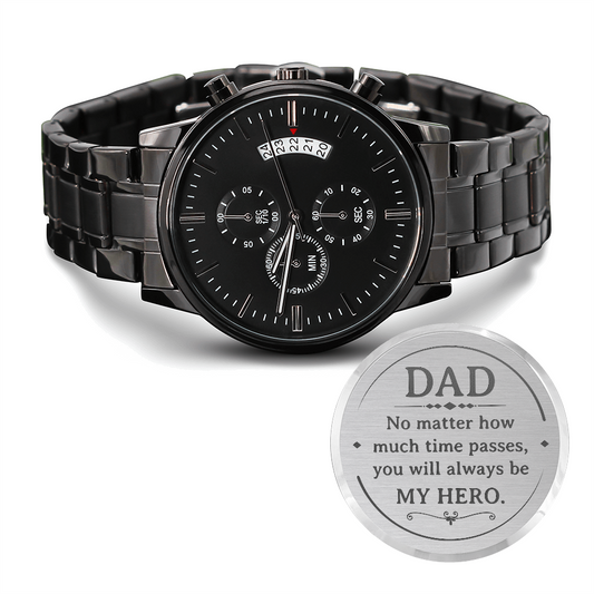 Father's Day Gift for Dad, My Hero, Engraved Black Chronograph Watch