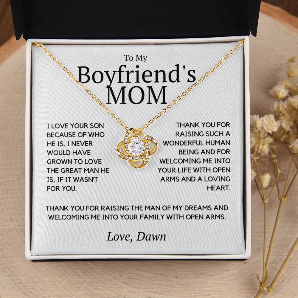 My Boyfriend's Mom, I love your son because of you, Personalized present for Boyfriend's Mom, Birthday, Christmas or Mother's Day Gift for Bf Mom