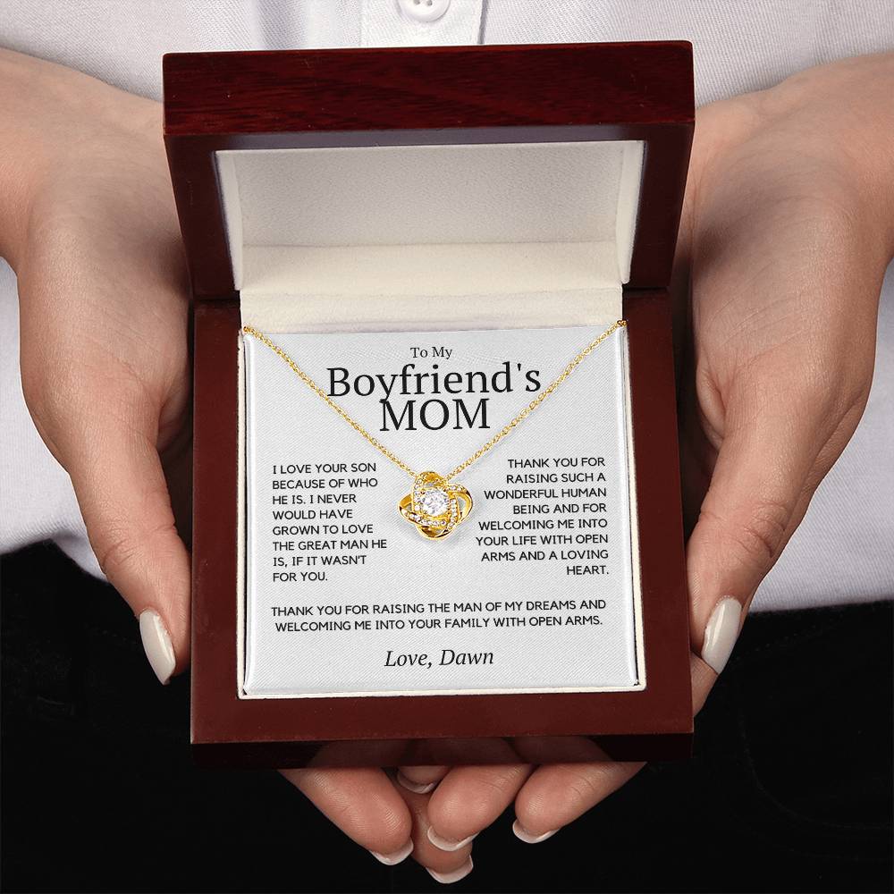 My Boyfriend's Mom, I love your son because of you, Personalized present for Boyfriend's Mom, Birthday, Christmas or Mother's Day Gift for Bf Mom