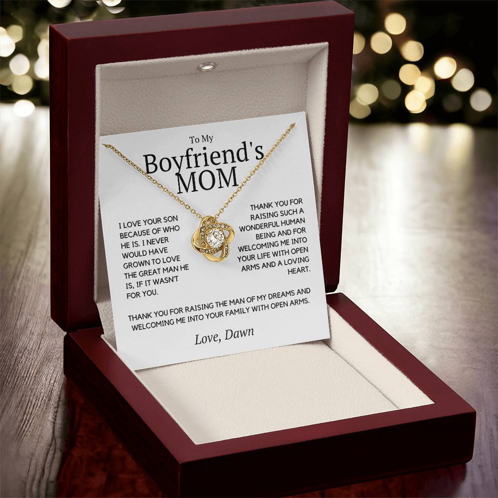 My Boyfriend's Mom, I love your son because of you, Personalized present for Boyfriend's Mom, Birthday, Christmas or Mother's Day Gift for Bf Mom