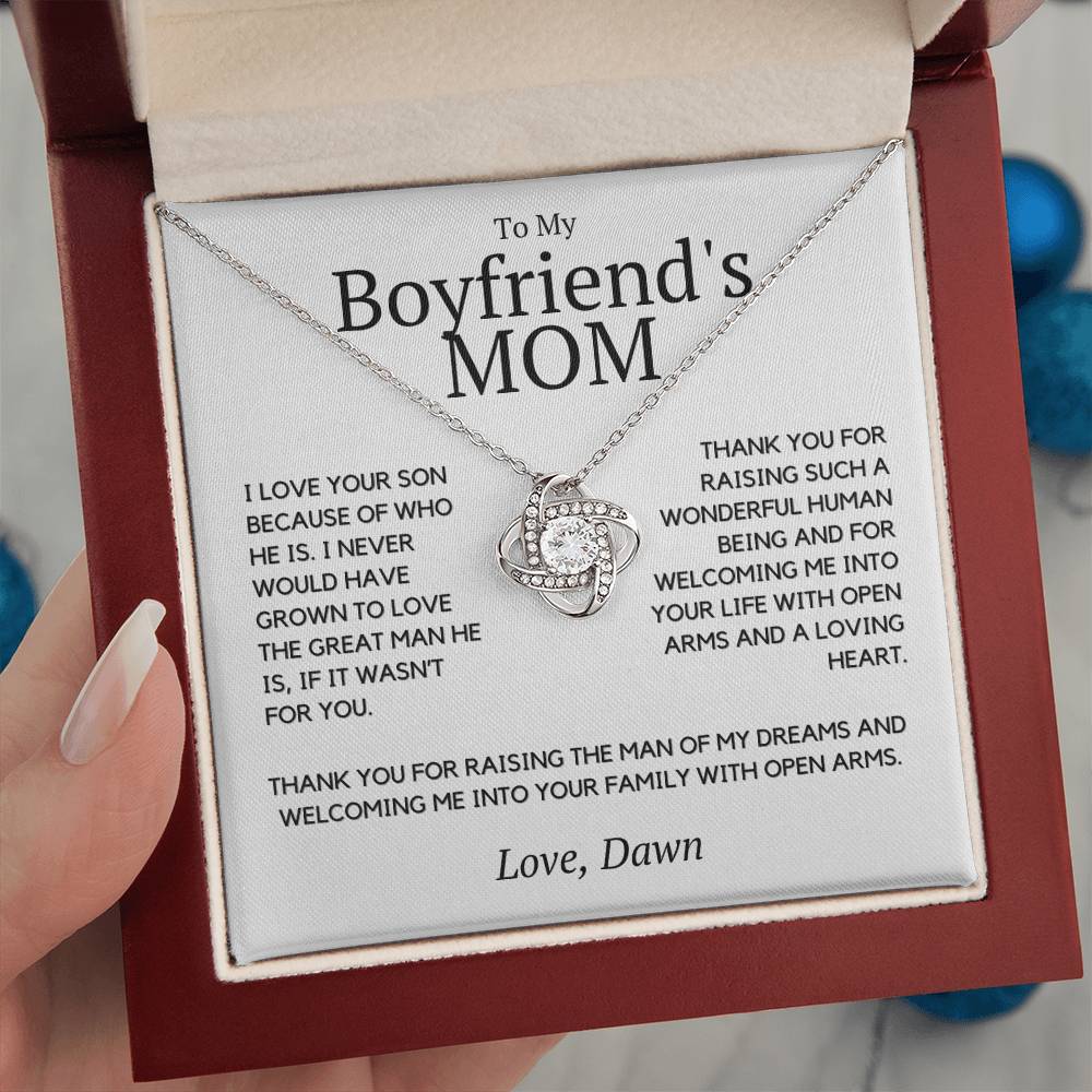 My Boyfriend's Mom, I love your son because of you, Personalized present for Boyfriend's Mom, Birthday, Christmas or Mother's Day Gift for Bf Mom