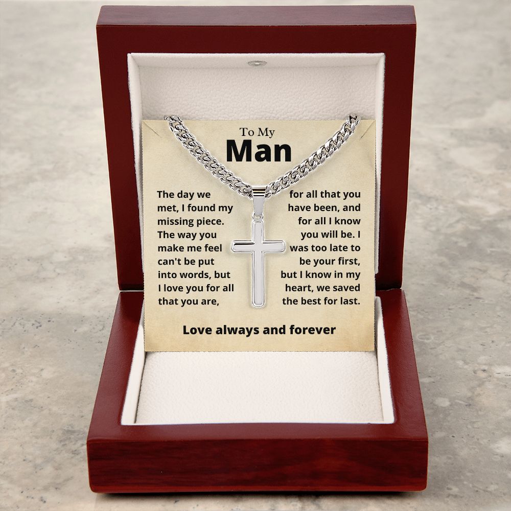 my man Cuban Chain with Artisan Cross Necklace