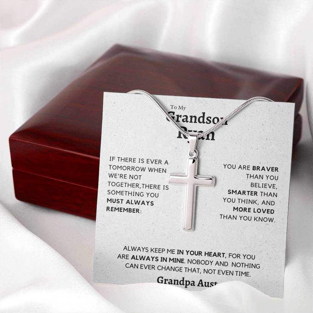 Grandson, Always Remember - Stainless Steel Cross Necklace - to Ryan from Grandpa Aust