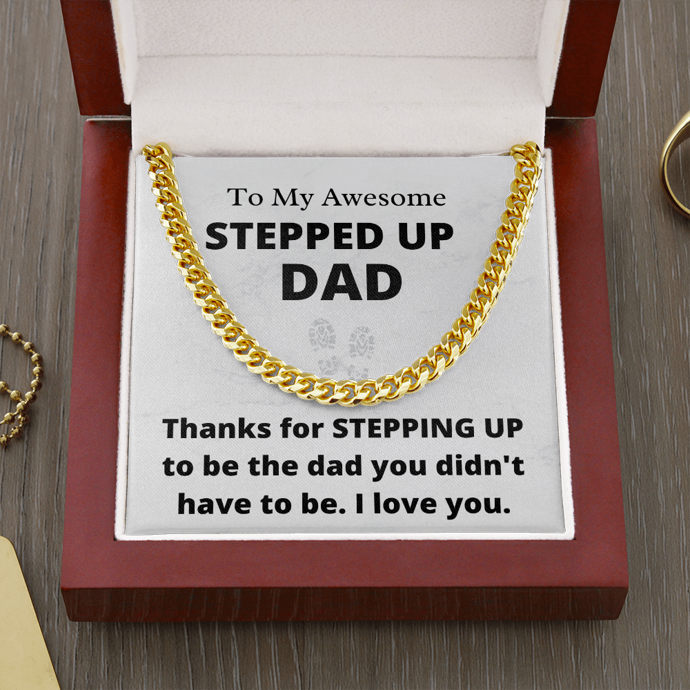 Awesome Stepped-Up Dad - Cuban Link Chain Necklace | Father's Day Gift for Stepdad | Bonus Dad Birthday Present, hgs008