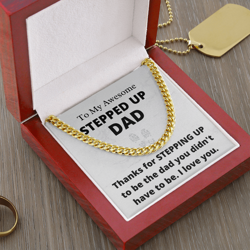 Awesome Stepped-Up Dad - Cuban Link Chain Necklace | Father's Day Gift for Stepdad | Bonus Dad Birthday Present, hgs008
