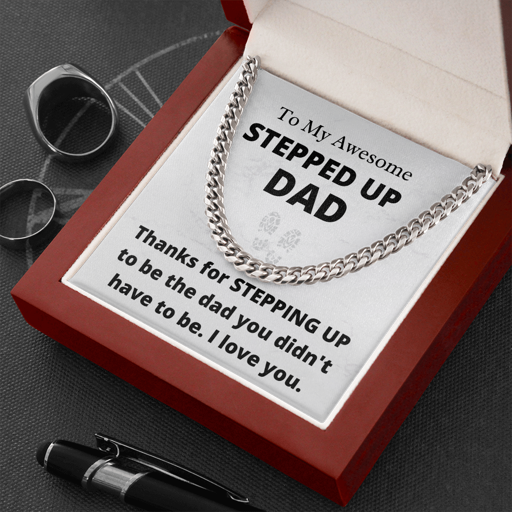 Awesome Stepped-Up Dad - Cuban Link Chain Necklace | Father's Day Gift for Stepdad | Bonus Dad Birthday Present, hgs008