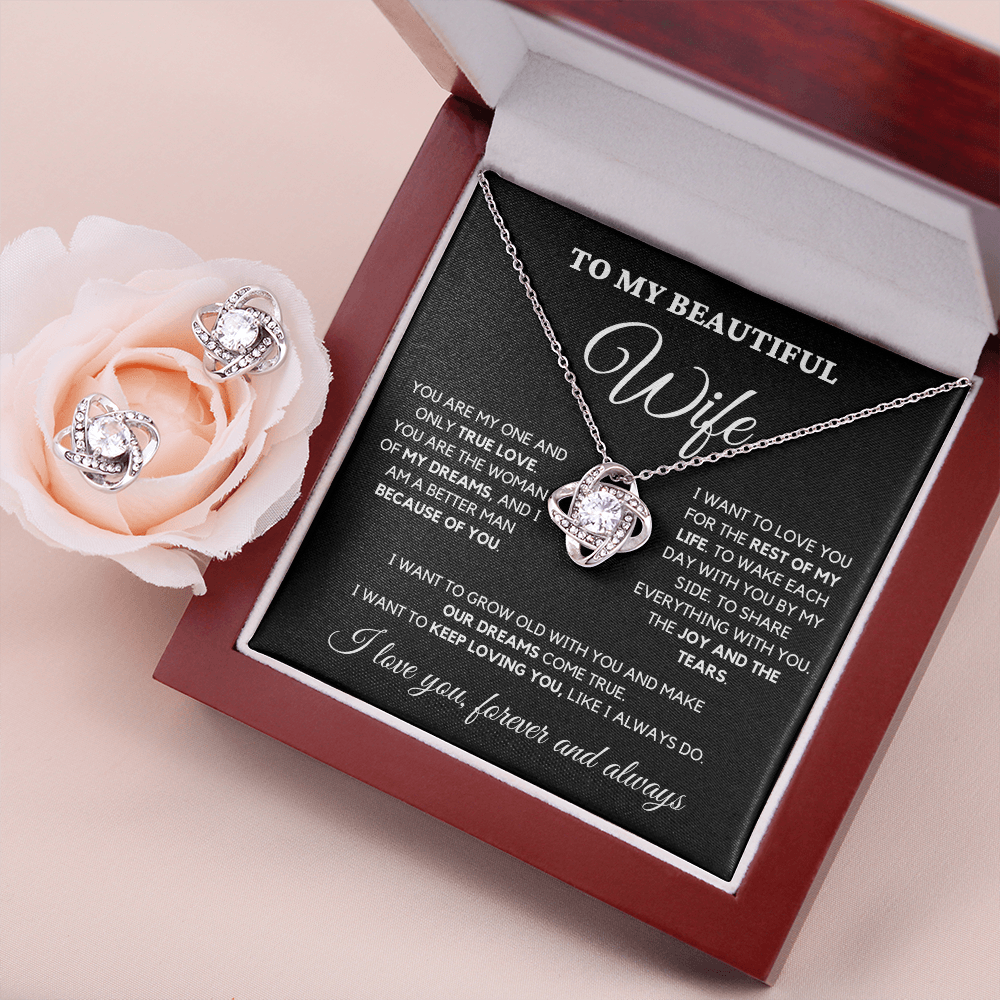 Beautiful Wife, One and Only True Love - Love Knot Necklace/Earring SET, blk | Anniversary Gift for Wife | Birthday Gift for Wife | Apology gift Wife