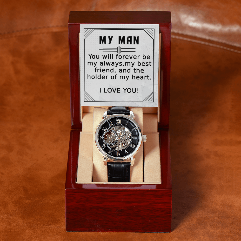 My Man, you will Forever be My Always - Men's Openwork Watch | Boyfriend Gift Birthday | Anniversary Gift Husband | Father's Day Gift from Wife | Unique Gift for Him | Wedding Gift | Watch Box for Him | Engagement Gift for Man | Classic Watch, hgs013