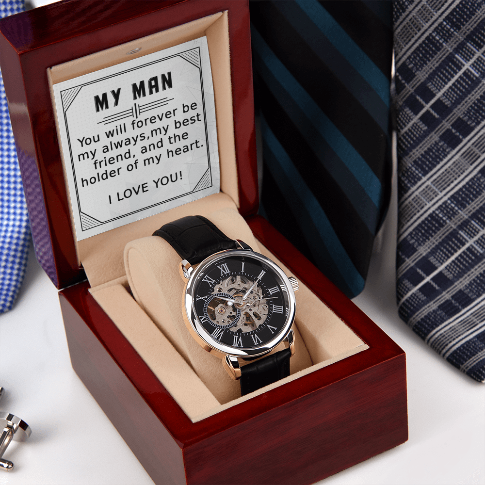 My Man, you will Forever be My Always - Men's Openwork Watch | Boyfriend Gift Birthday | Anniversary Gift Husband | Father's Day Gift from Wife | Unique Gift for Him | Wedding Gift | Watch Box for Him | Engagement Gift for Man | Classic Watch, hgs013