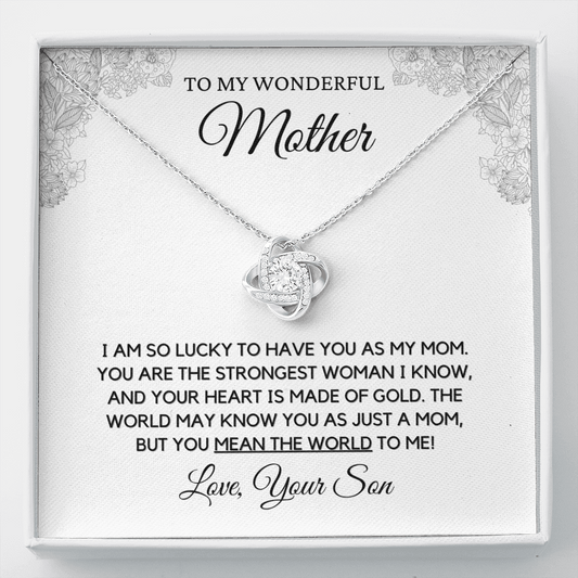 Wonderful Mother from Son - Love Knot Necklace, wht, stnl