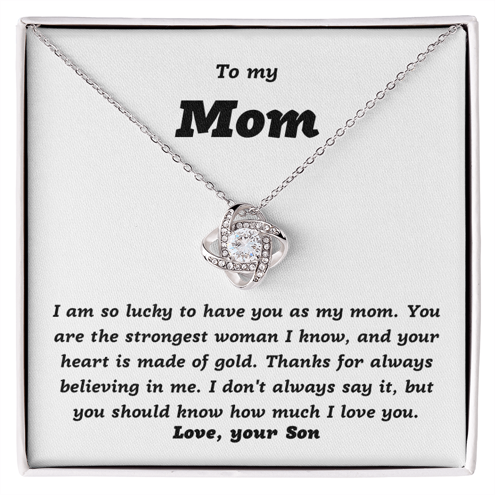 To Mom, from Son, I'm so Lucky - Love Knot Necklace, wht
