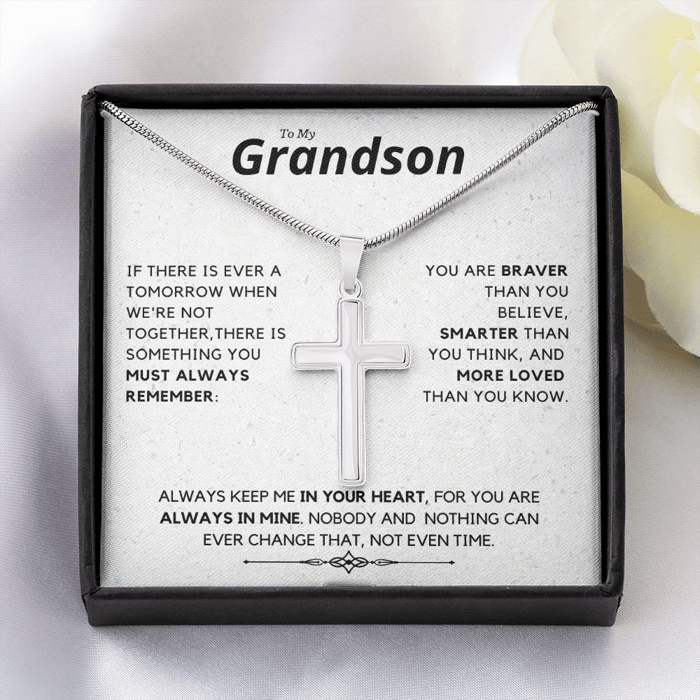 Grandson, Always Remember - Stainless Steel Cross Necklace