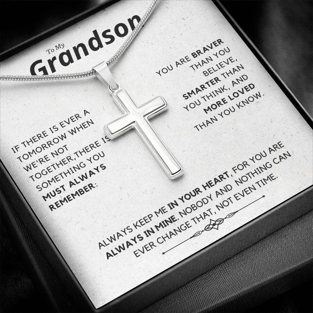 Grandson, Always Remember - Stainless Steel Cross Necklace