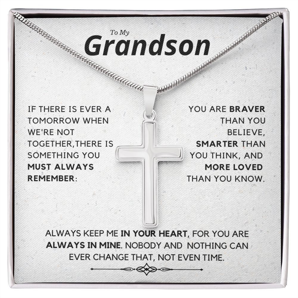 Grandson, Always Remember - Stainless Steel Cross Necklace