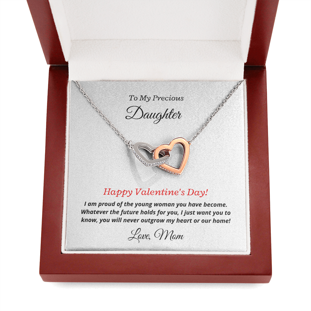 To My Precious Daughter, Love Mom. You'll never outgrow my heart - Interlocking Hearts necklace, wht