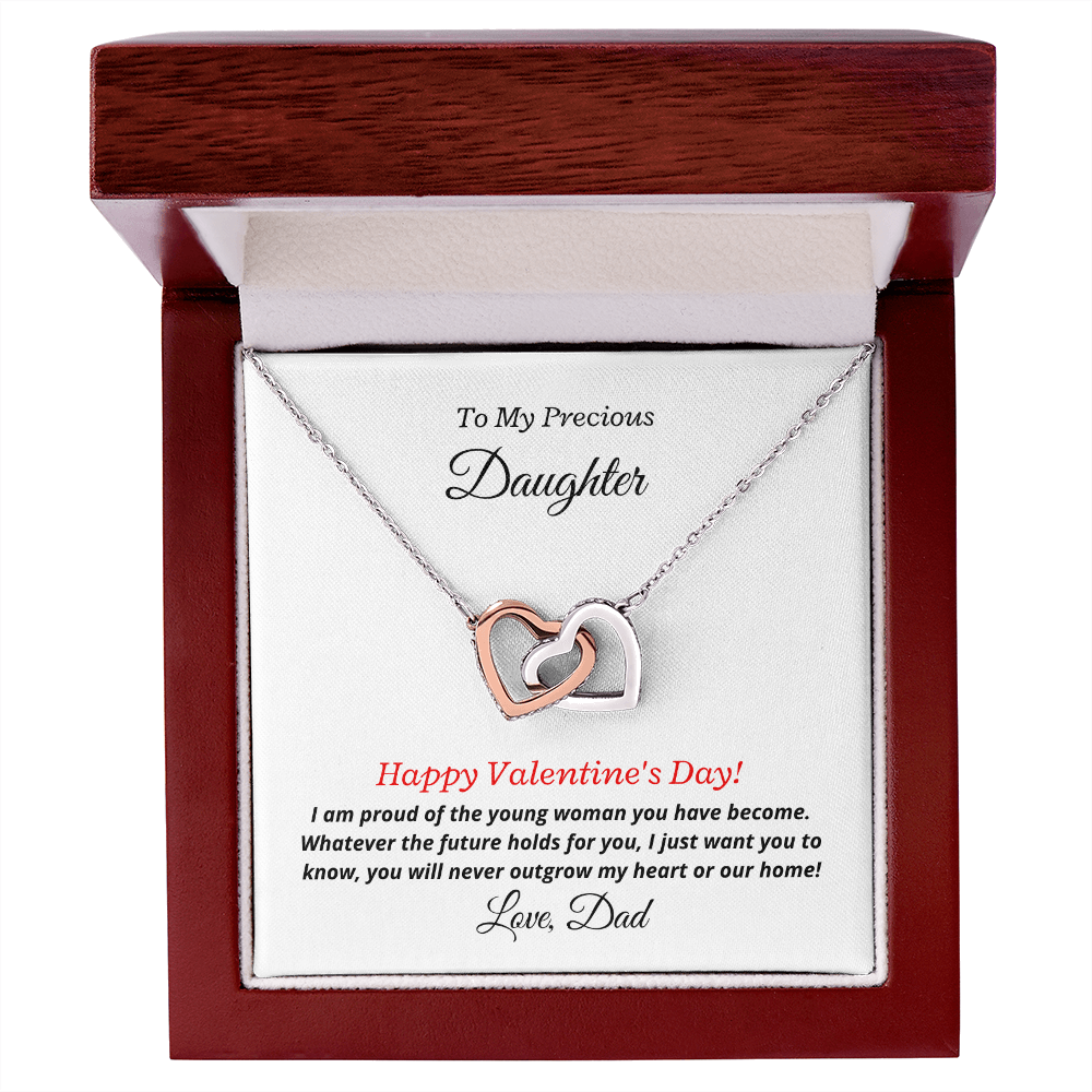 To My Precious Daughter, Love Dad. You'll never outgrow my heart -Interlocking Hearts Necklace, wht