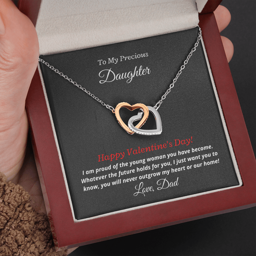 To My Precious Daughter, Love Dad. You'll never outgrow my heart -Interlocking Hearts Necklace, blk