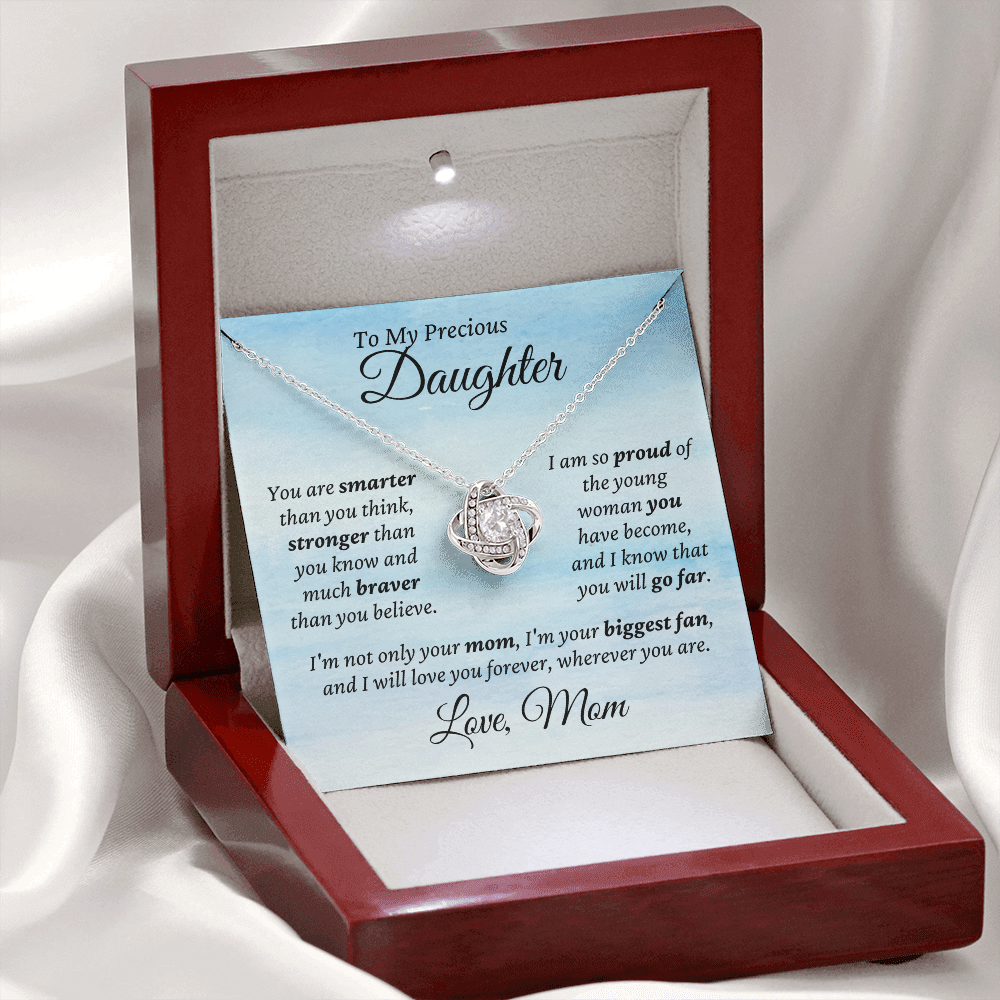 Precious Daughter, from Mom - Love Knot Necklace | Graduation | Engagement | Moving Out | New Home | Birthday Gift for Daughter, hgs010