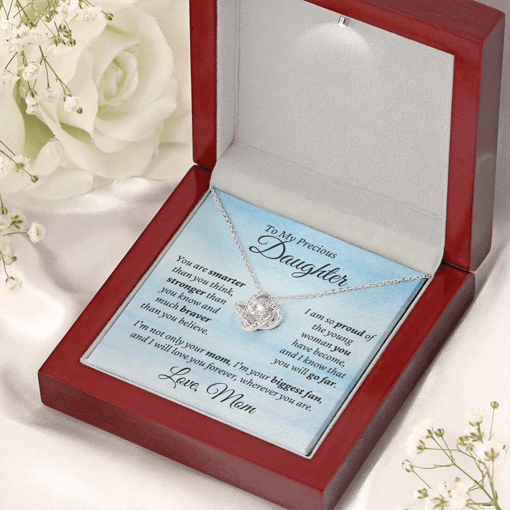 Precious Daughter, from Mom - Love Knot Necklace | Graduation | Engagement | Moving Out | New Home | Birthday Gift for Daughter, hgs010