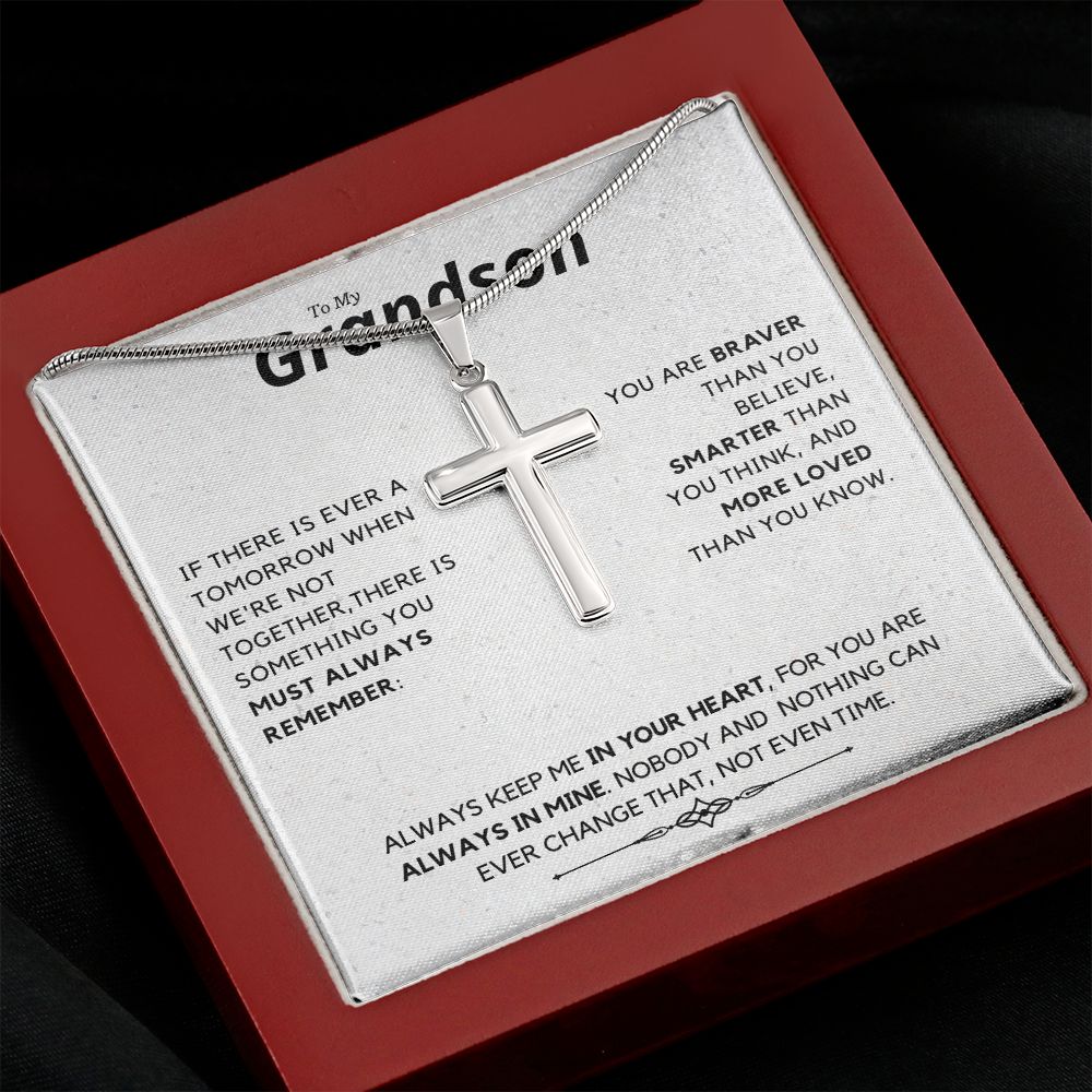 Grandson, Always Remember - Stainless Steel Cross Necklace