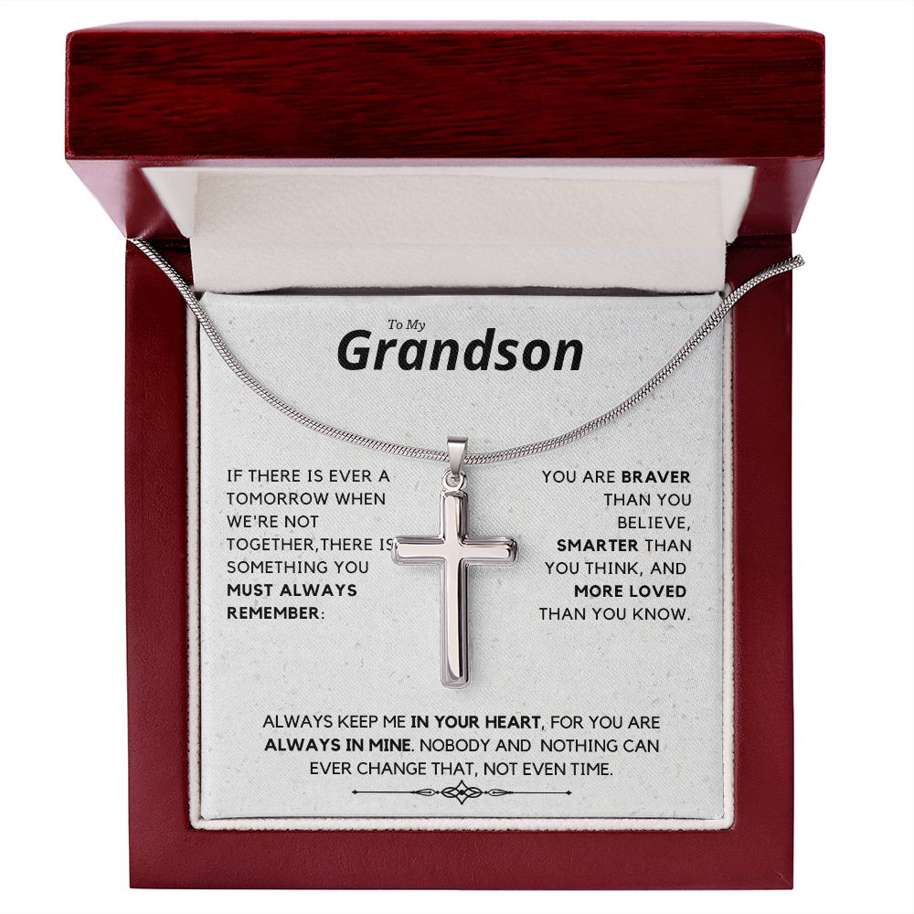 Grandson, Always Remember - Stainless Steel Cross Necklace