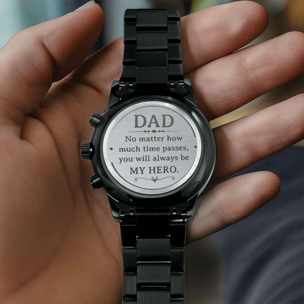 Father's Day Gift for Dad, My Hero, Engraved Black Chronograph Watch