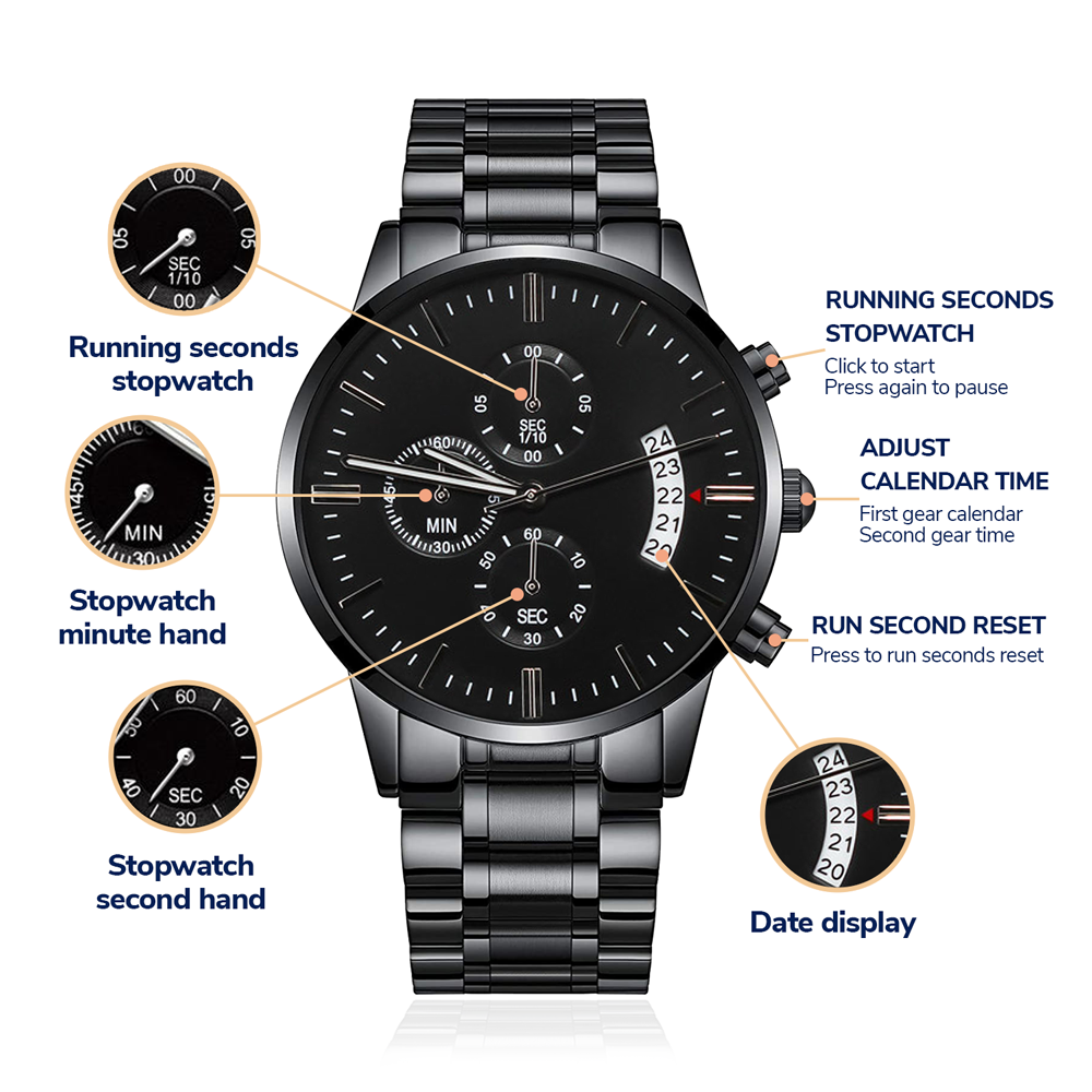 Father's Day Gift for Dad, My Hero, Engraved Black Chronograph Watch