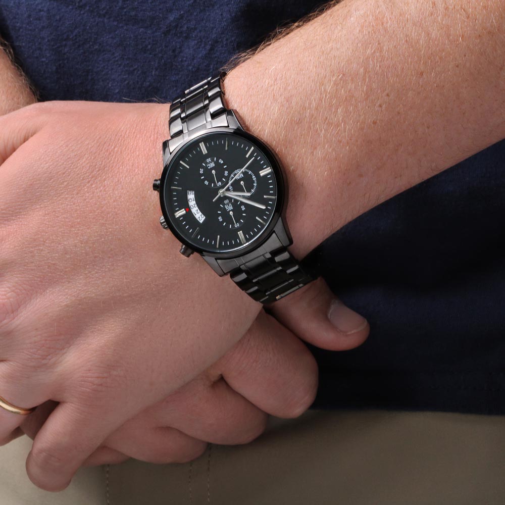 Father's Day Gift for Dad, My Hero, Engraved Black Chronograph Watch