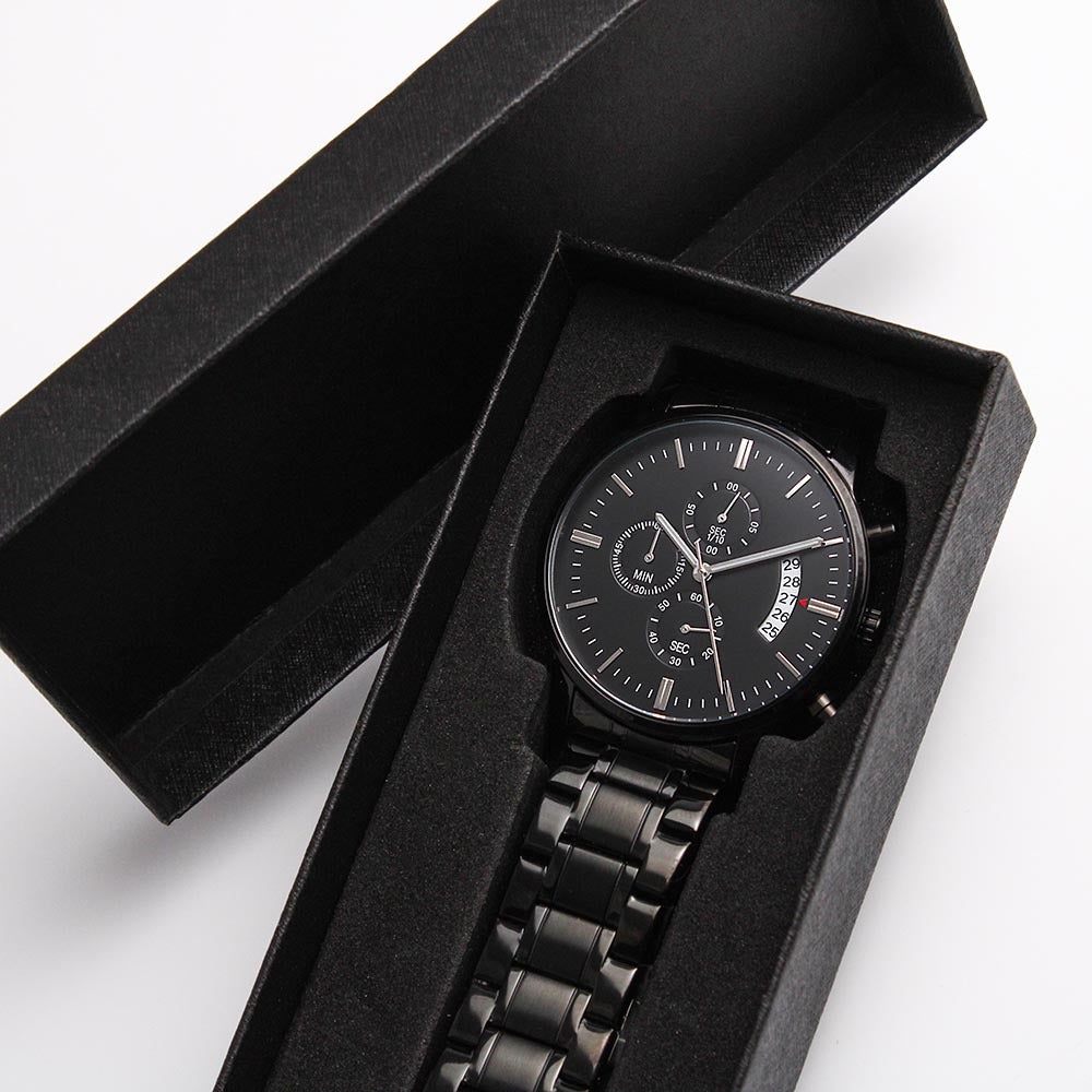 Father's Day Gift for Dad, My Hero, Engraved Black Chronograph Watch