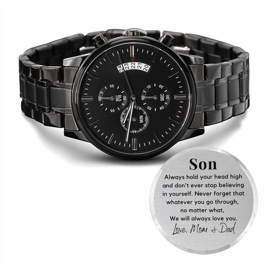 Gift for Son - We will Always Love You, Engraved Stainless Steel Watch, Off to College, Engagement or Graduation Present
