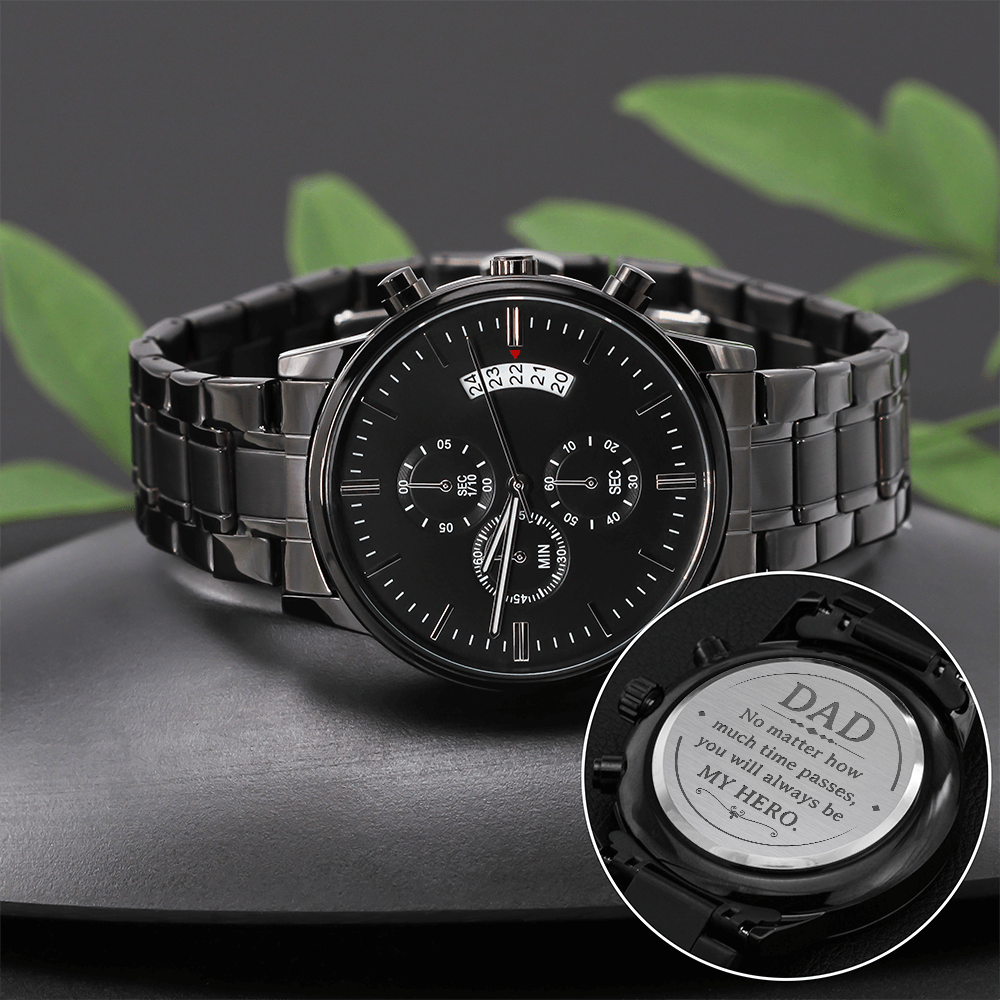 Father's Day Gift for Dad, My Hero, Engraved Black Chronograph Watch