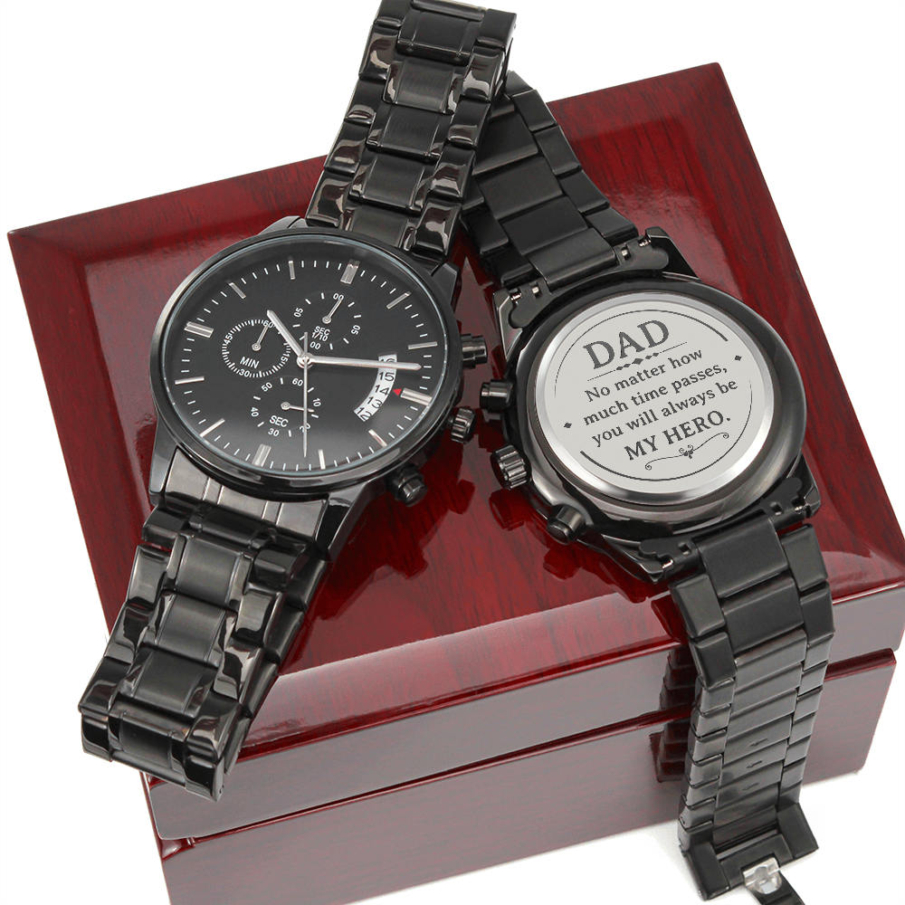 Father's Day Gift for Dad, My Hero, Engraved Black Chronograph Watch