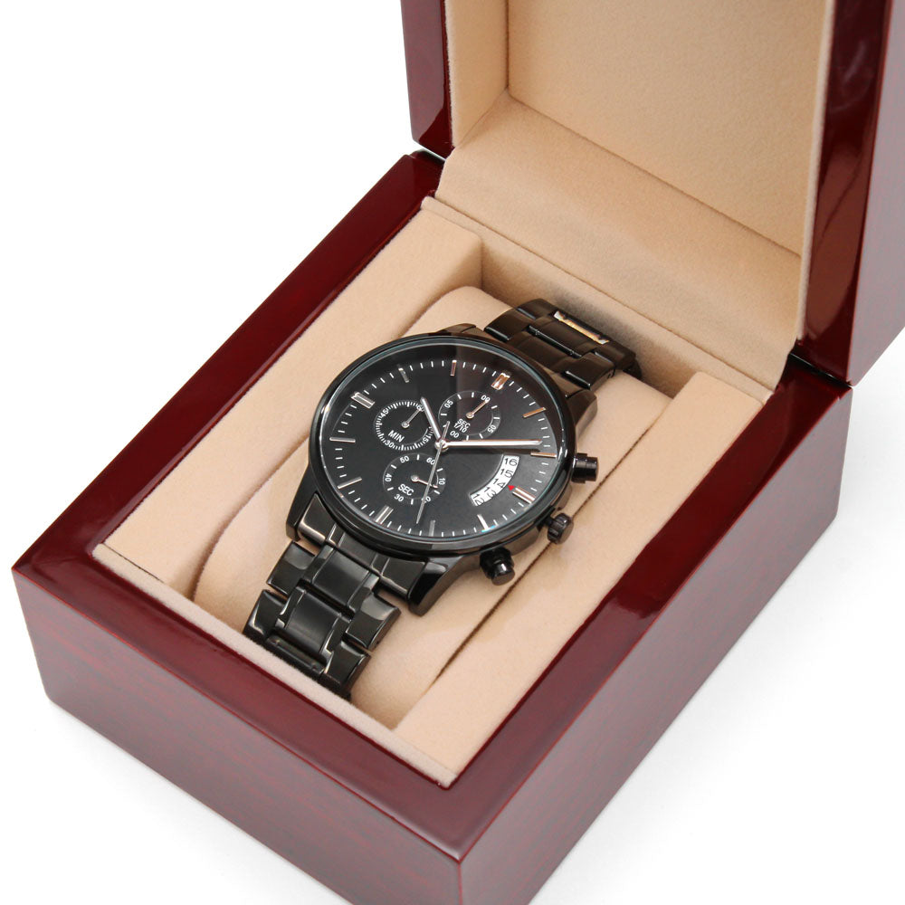Father's Day Gift for Dad, My Hero, Engraved Black Chronograph Watch