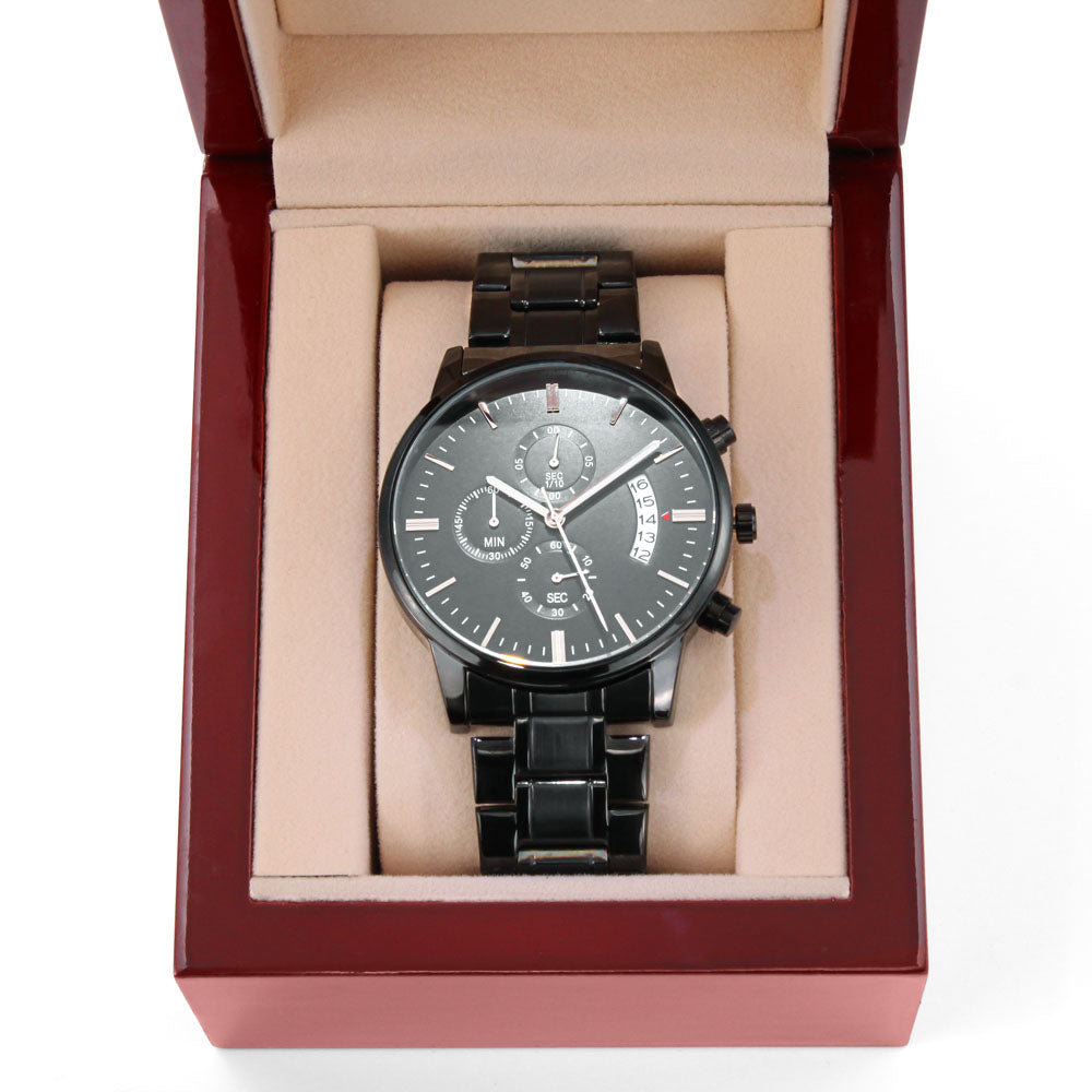 Father's Day Gift for Dad, My Hero, Engraved Black Chronograph Watch