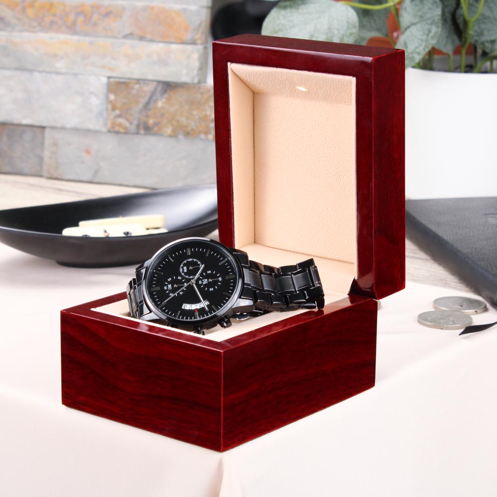 Father's Day Gift for Dad, My Hero, Engraved Black Chronograph Watch