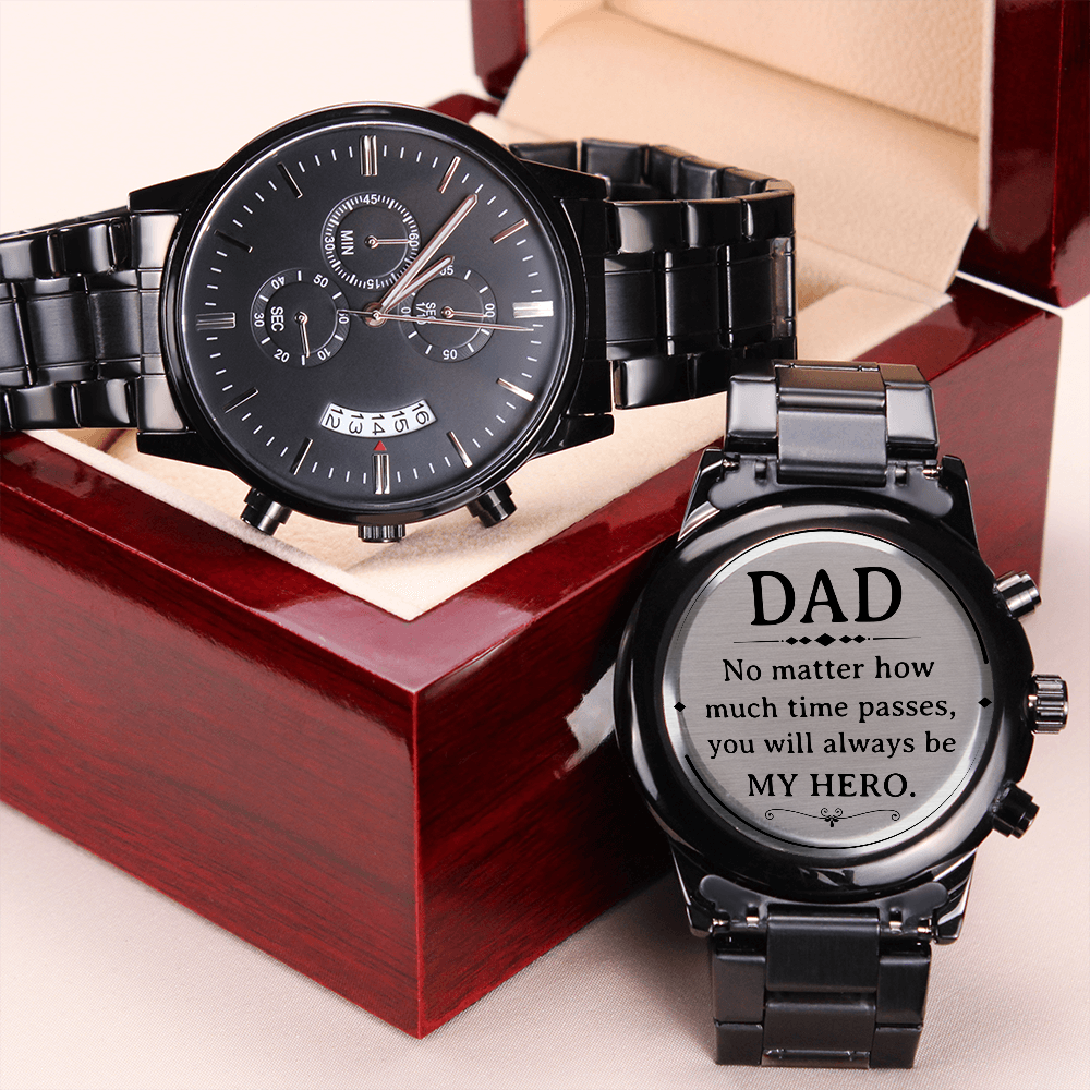 Father's Day Gift for Dad, My Hero, Engraved Black Chronograph Watch