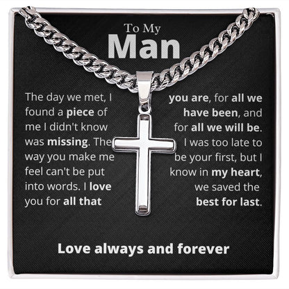 My Man, Best for Last - Cuban Chain with Artisan Cross Necklace, blk