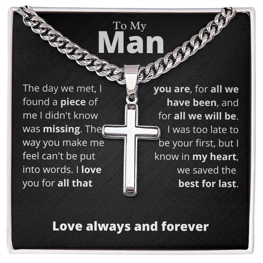 My Man, Best for Last - Cuban Chain with Artisan Cross Necklace, blk