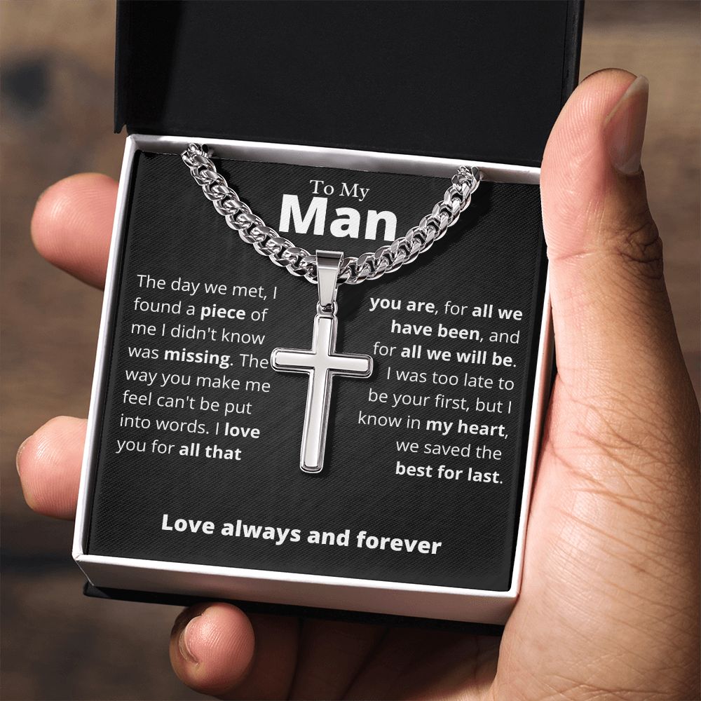 My Man, Best for Last - Cuban Chain with Artisan Cross Necklace, blk