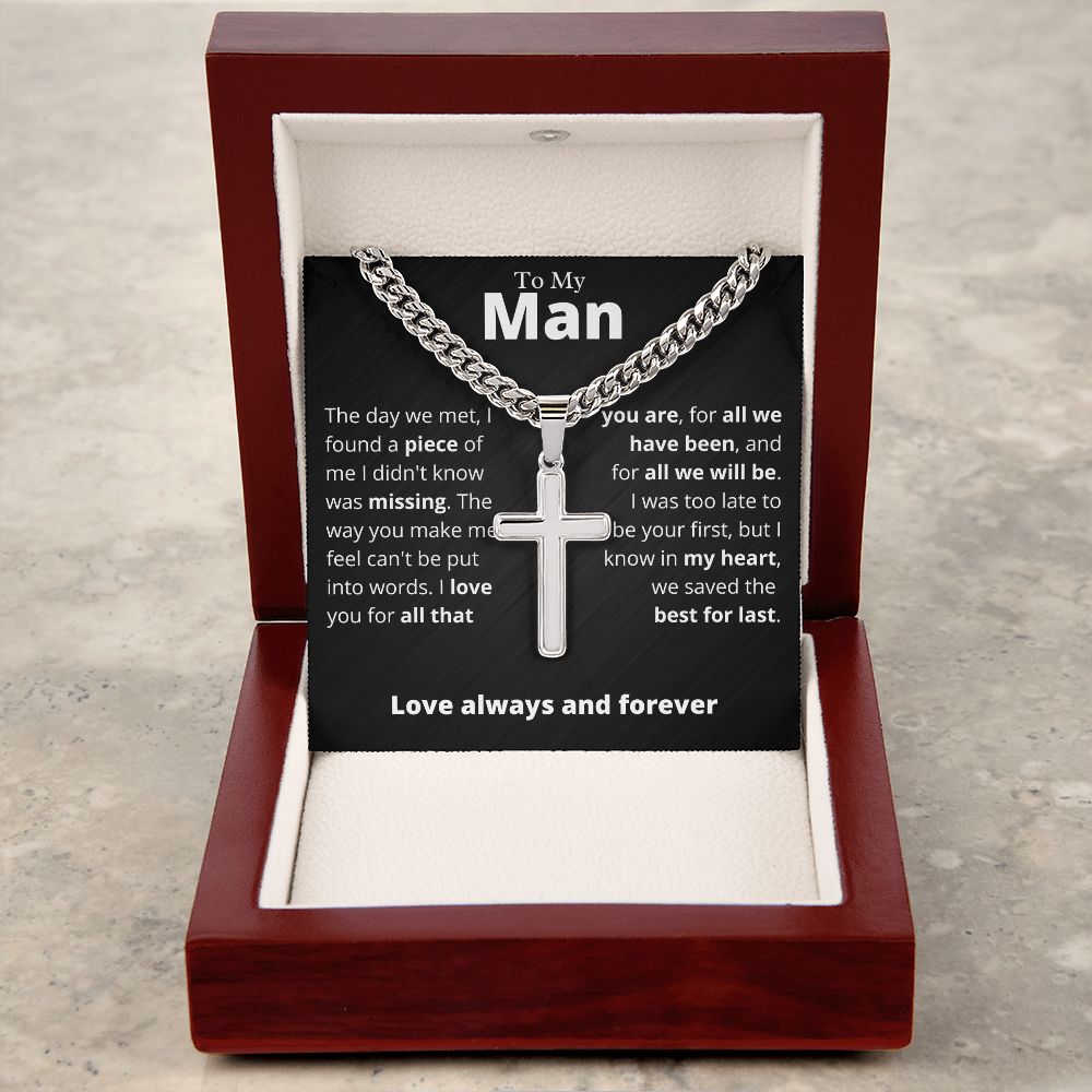 My Man, Best for Last - Cuban Chain with Artisan Cross Necklace, blk