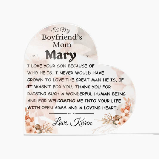 To My Boyfriend's Mom Gift, Custom Personalized Acrylic Heart Plaque perfect for Birthday, Christmas or Mother's Day from Son's Girlfriend