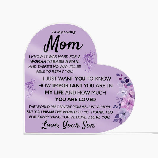 Mom from Son Acrylic Heart, Loving Thank You Note great for Mantle or Bookshelf