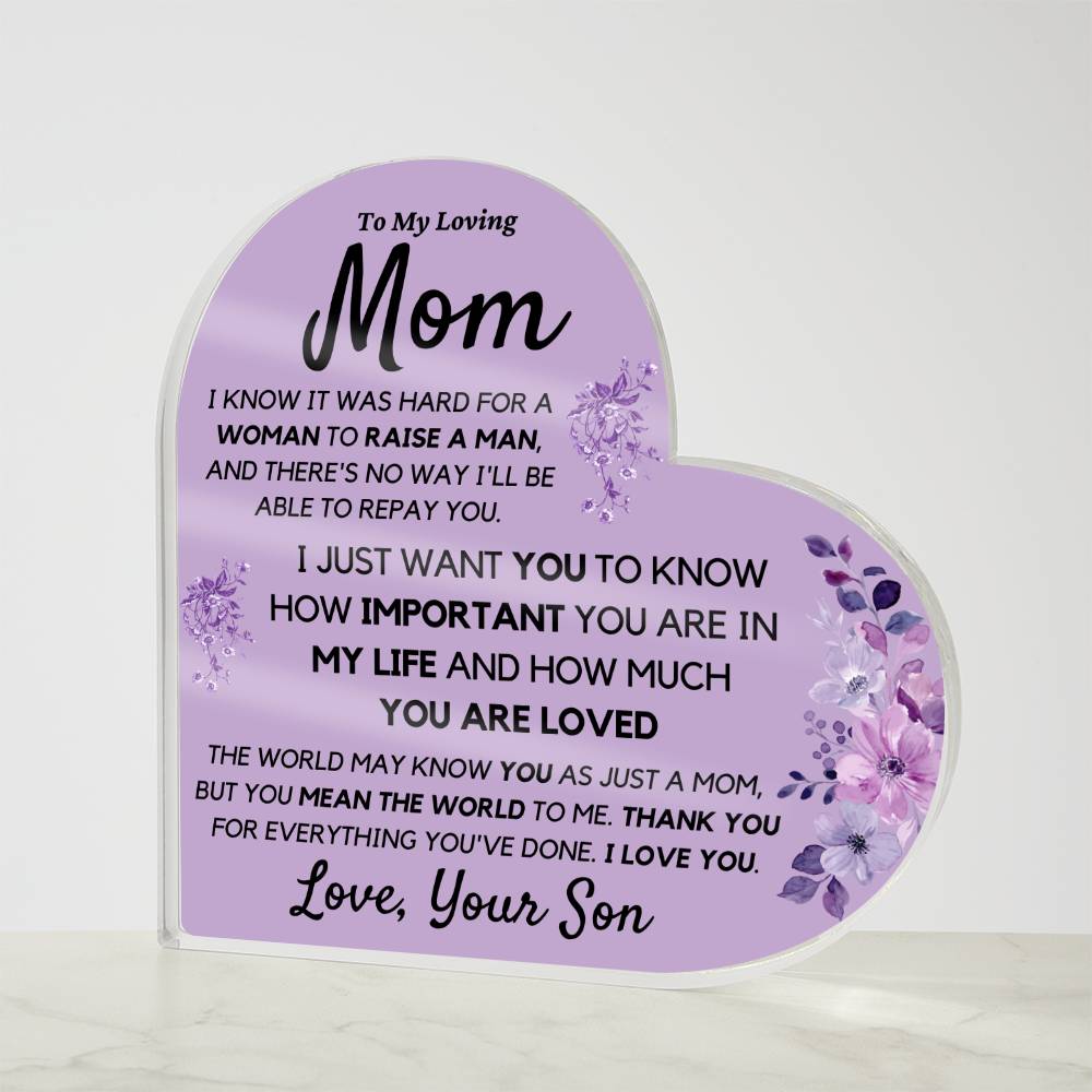 Mom from Son Acrylic Heart, Loving Thank You Note great for Mantle or Bookshelf