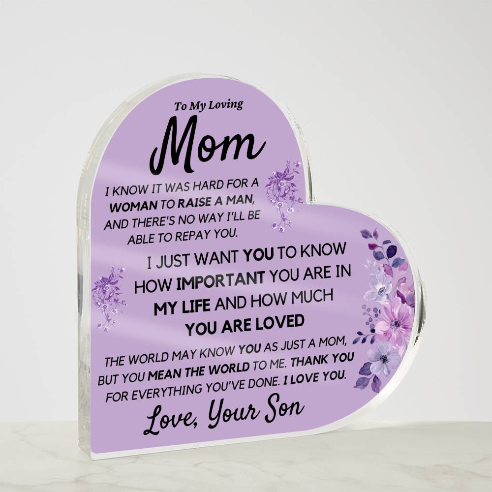 Mom from Son Acrylic Heart, Loving Thank You Note great for Mantle or Bookshelf