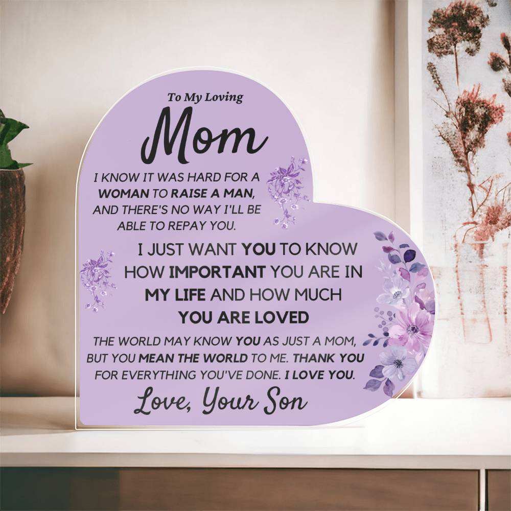 Mom from Son Acrylic Heart, Loving Thank You Note great for Mantle or Bookshelf