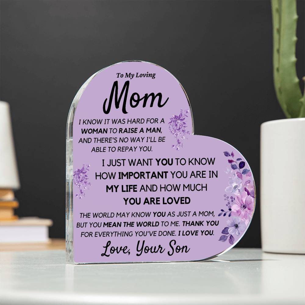 Mom from Son Acrylic Heart, Loving Thank You Note great for Mantle or Bookshelf