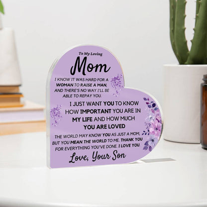 Mom from Son Acrylic Heart, Loving Thank You Note great for Mantle or Bookshelf