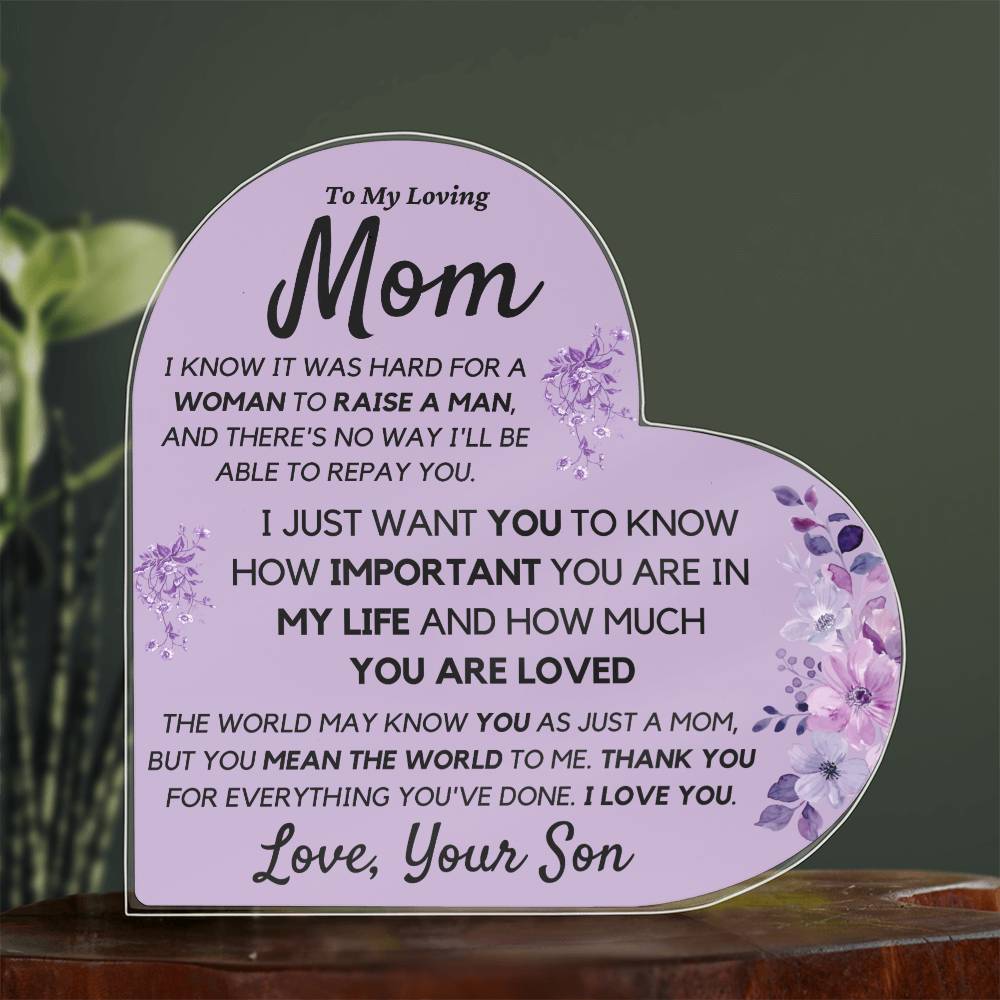 Mom from Son Acrylic Heart, Loving Thank You Note great for Mantle or Bookshelf