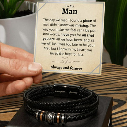 My Man Bracelet, "Love You Forever" Engraved Stainless Steel and Leather